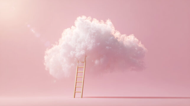 Fluffy cloud with ladder reaching pink sky representing aspiration, dreams, and personal growth for success