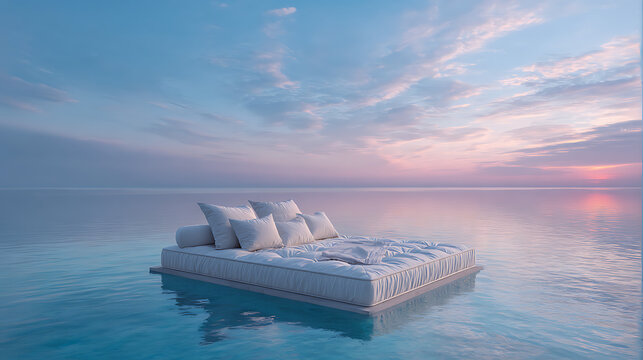 A serene floating mattress on calm waters at sunset with pillows