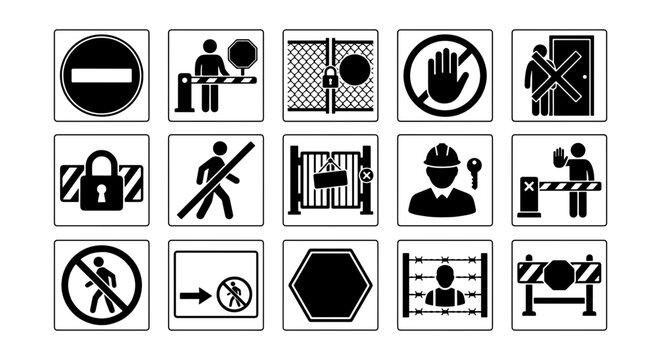 Security Access Control Icons, Vector Set: Restricted Entry, Guarded Gates, Forbidden Zones