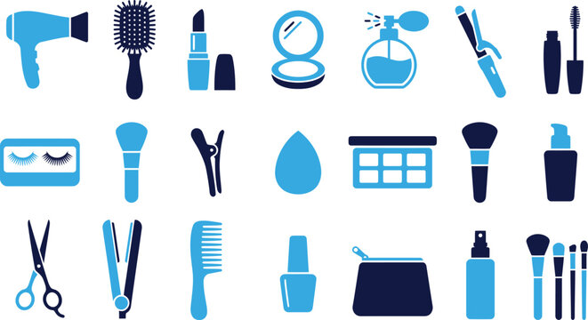 Blue and dark blue icons for beauty, makeup, and personal care products.