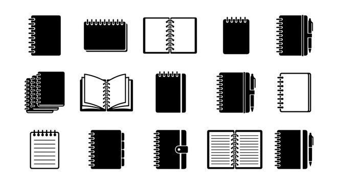 Spiral Notebook Icons, Black and White Vector Graphics, Journal and Planner Set
