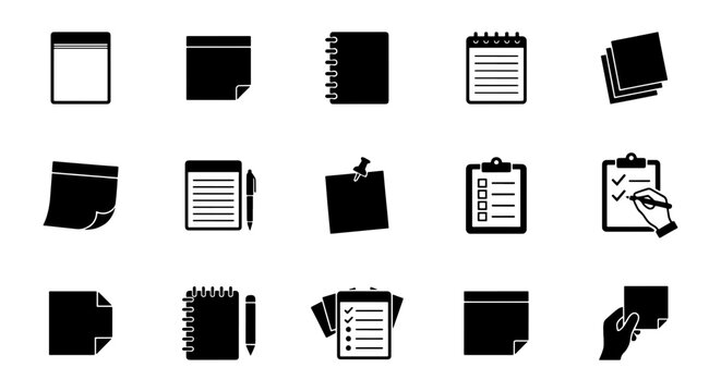 Sticky Notes & Notepads Icons: Memo, Reminder, Task List, Clipboard, Paper Clip Vector Set