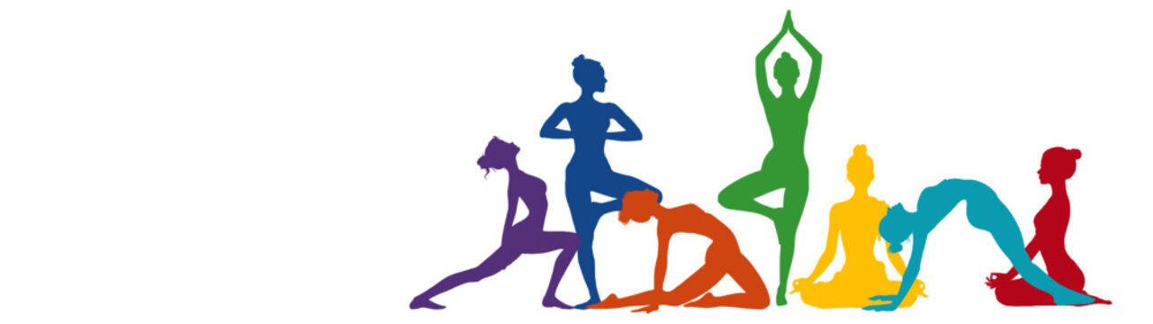 International Yoga Day vector Illustration - Set collection group of silhouette of women in different yoga posture, isolated on transparent background