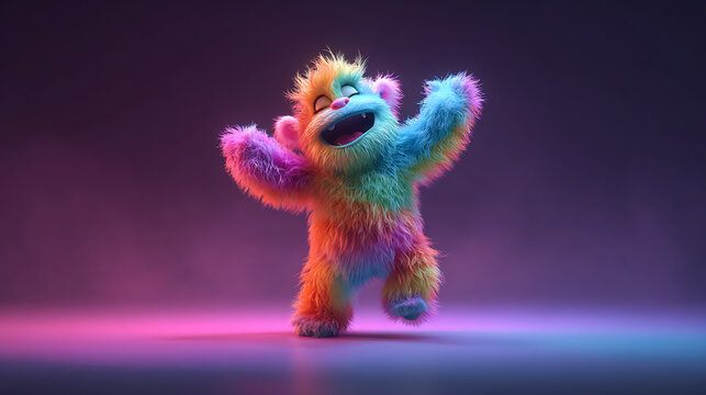 A colorful cartoon monster with its arms raised in a fun and playful purple background scene