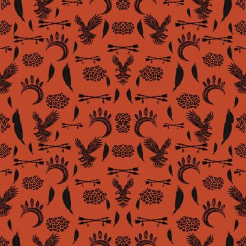  Tribal Boho Symbol Seamless Pattern Black on Orange Ethnic Abstract Background