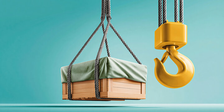 Logistics trade cargo crate crane hook lifting suspended container wooden box supply chain