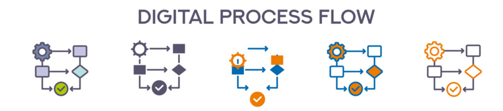 Digital Process Flow Element For Design Graphic - Multi Styles. Vector Illustration Of Two Colored And Black. Multiple Icons Designs Can Be Used For Mobile, Ui, Web 