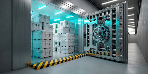 Obraz premium Automated logistics trade vault with stacked crate storage and metal door