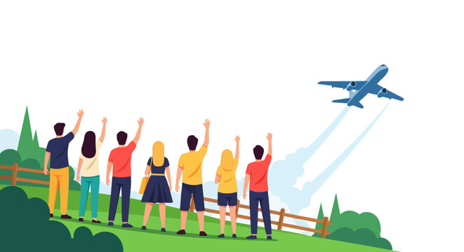 People watching airplane take off flying.