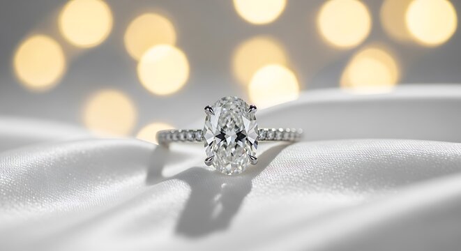 Brilliant oval cut gemstone set upon a band with pav? accents rests on luxurious white fabric.