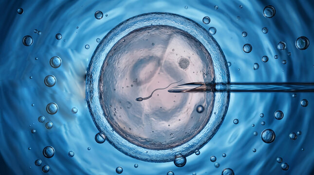 3D illustration of Intracytoplasmic Sperm Injection (ICSI) during in vitro fertilization.