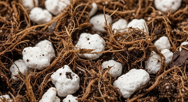 Close-up of soil with roots and perlite for plant cultivation, growing medium