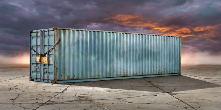 Logistics trade cargo container locked on concrete under dramatic sky