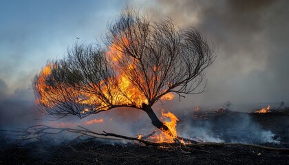 Fototapeta premium The Burned Tree Remains A Dramatic Scene Of A Blackened Branch Engulfed In Flames Against A Smoky Background