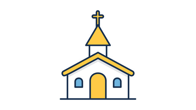 Modern Flat Church Building Vector Icon with Editable Stroke; Minimalist Illustration of a Small Chapel with a Cross, Red Roof, and Yellow Door for Religious, Community, and Travel Design Projects.