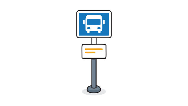 Bus Stop Signpost Vector Icon with Editable Stroke. Modern flat illustration of a public transport station sign on a white background, featuring a blue bus symbol and schedule board for travel.