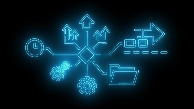 Neon-lit flowchart diagram with glowing blue lines and symbols on a black background.
