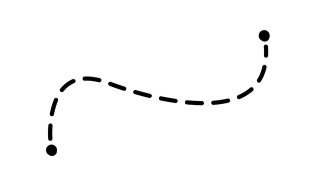 Black dashed line path animation, animated dotted route motion graphic, minimalist directional line on white background