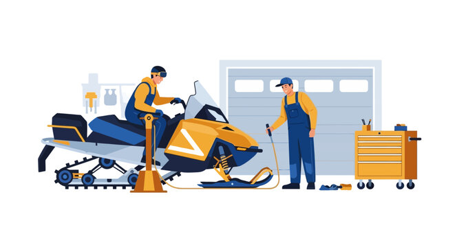 Two men working on snowmobile machine.