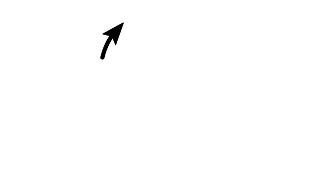 Black hand-drawn curved arrow animation, sketchy motion pointer on Alpha channel
