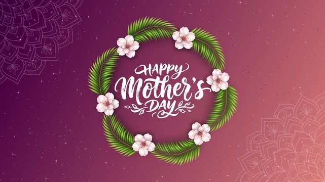 Elegant Happy Mothers Day lettering inside a circular wreath of tropical green leaves and delicate flowers on a soft gradient background with subtle mandala patterns.