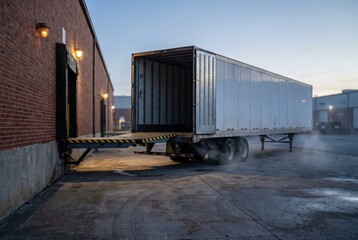 Fototapeta premium Semi trailer backed into loading dock at dawn with open doors