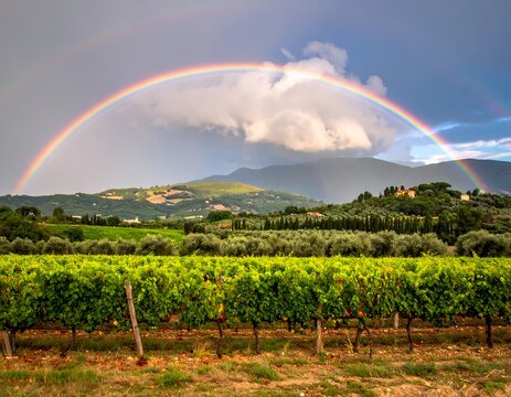 Vivid double rainbow arcs over lush green vineyards, rolling hills, and a dramatic sky