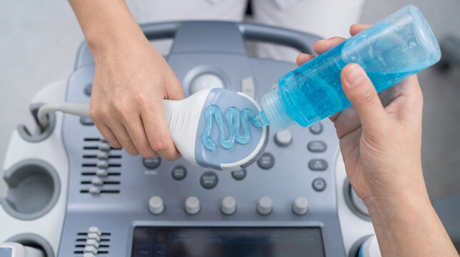 Close up of sonographer applying blue conductive gel onto an ultrasound probe over the machine control panel