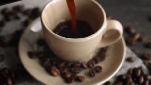 Pouring hot fresh coffee into a cup with roasted beans in a dark moody setting for breakfast