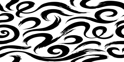 Fototapeta premium Seamless vector pattern of dynamic black brush strokes forming elegant swirls, loops, and flowing waves.