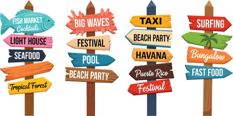 Exclusive VIP icons with badges, crowns, diamonds, tickets, trophies, Colorful tropical signposts with vacation destinations,  vector illustration design © MdJillur