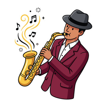 Illustration of a Jazz Musician Playing Saxophone with Musical Notes.