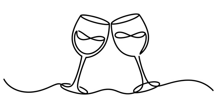 Continuous line drawing of two wine glasses clinking together in a celebratory toast Vector, illustration