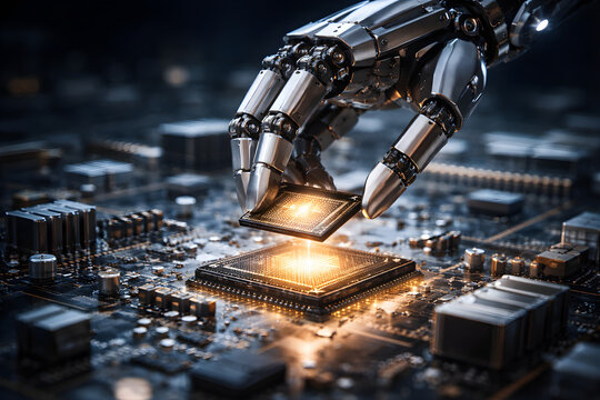 Robot Hand Holding AI Microchip Processor on Circuit Board