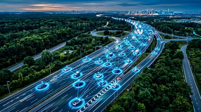 Connected autonomous cars driving on smart highway at night.