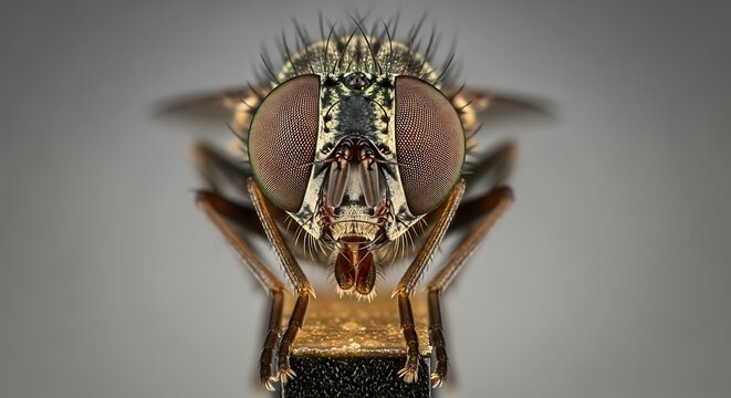 Extreme close-up of a fly's compound eye and head with animal eye, red eye