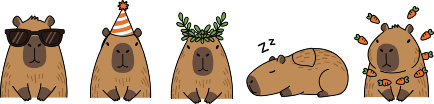 Funny cartoon capybaras with sunglasses, party hat, leafy crown, sleeping pose, carrots, playful cute animal illustration design
