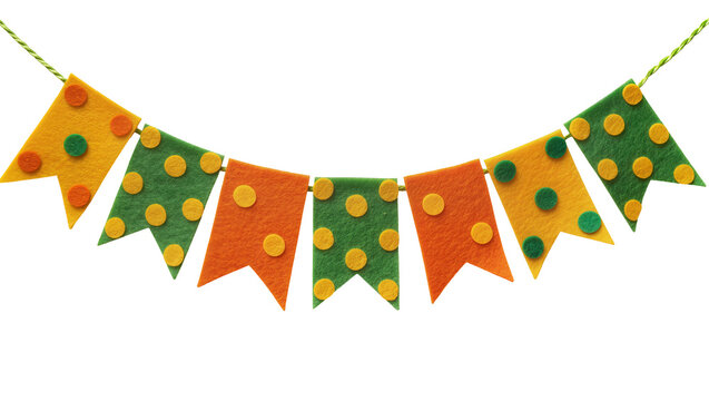 Isolated vibrant felt celebration garland with polka dots in yellow green and orange colors.