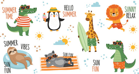 Fototapeta premium Playful cartoon animals enjoying summer activities with sunglasses, surfboards, ice cream, pool floats, cheerful seasonal vacation illustration design