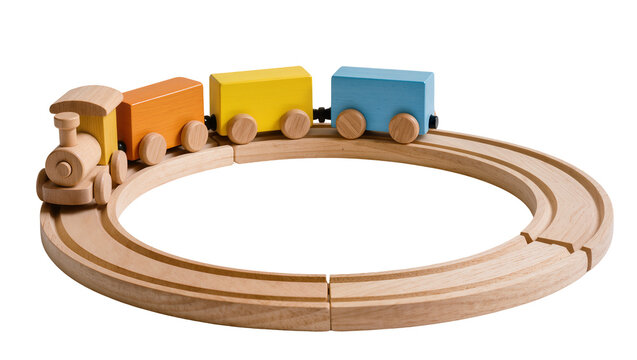 Isolated wooden toy train with colorful wagons on a circular track for children's play