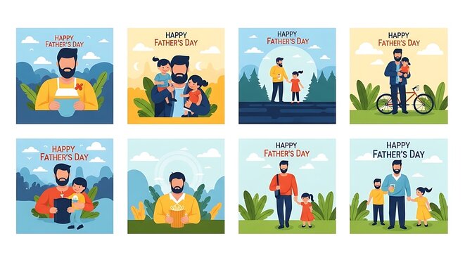 Collection of graphic designs celebrating paternal bonds with offspring in various outdoor and domestic settings
