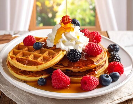 Stack of waffles & pancakes with syrup, whipped cream, cherries, raspberries, & blueberries on a plate