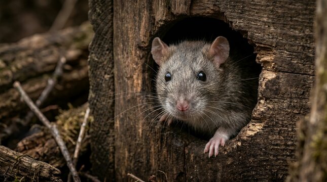 Wild brown rat peeking from hollow log, curious grey rodent in natural forest habitat, small mammal emerging from tree hole