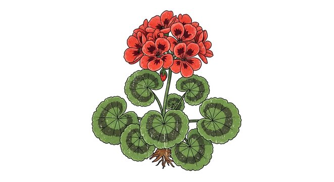 Beautiful vector illustration of a geranium plant with red flowers and green leaves
