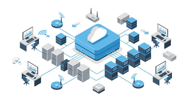 A detailed isometric network infrastructure diagram illustrating multiple desktop computers and server stacks connected to a central blue cloud hub on a white background.