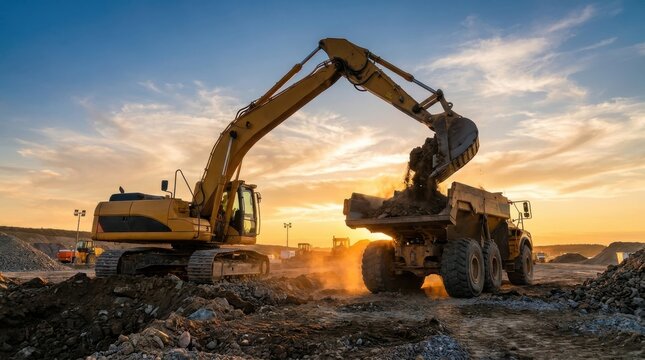 Industrial excavator loading dirt into large dump truck at sunset construction site scene.