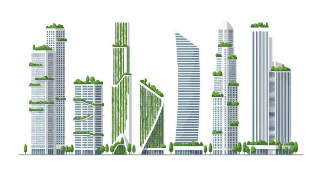 A panoramic array of innovative eco-friendly skyscraper designs featuring vertical forests and lush rooftop gardens integrated into diverse architectural structures.