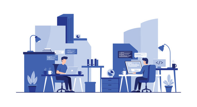 Two focused programmers operate within a monochromatic blue stylized office environment featuring abstract geometric backgrounds and floating digital code snippets.