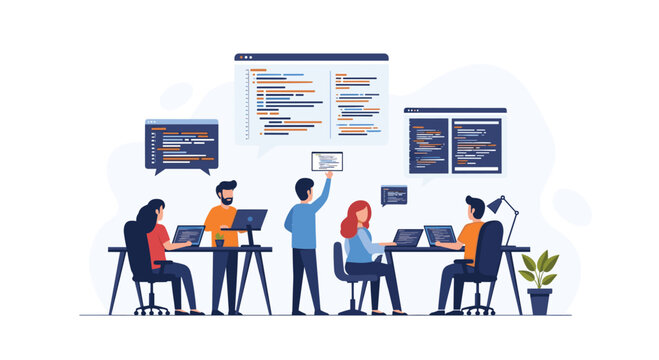 A diverse team of skilled software developers collaborates effectively while surrounded by floating digital code windows and modern computer equipment in a bright workspace.
