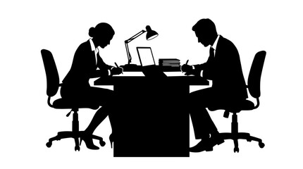 Fototapeta premium Business professionals working at office desk in vector silhouette